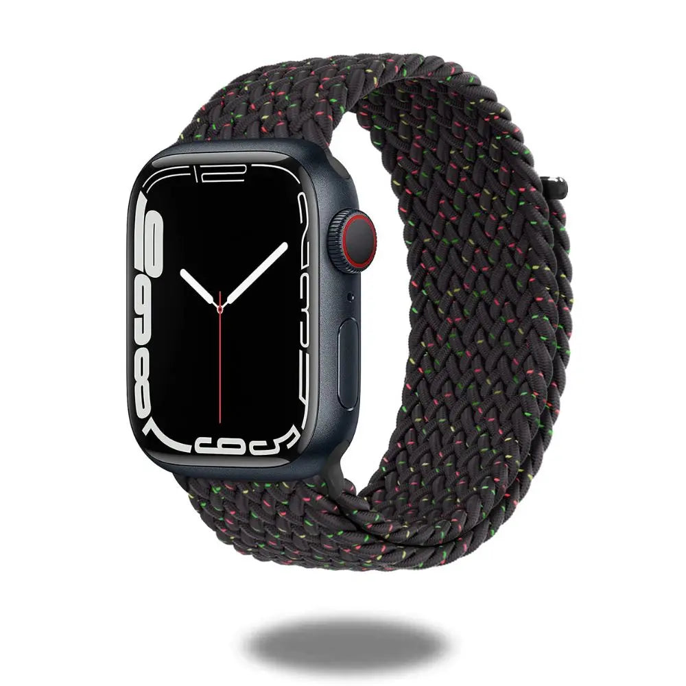 Braided sports band for smartwatch, stretchy and adjustable, offering comfort and secure fit for exercise.