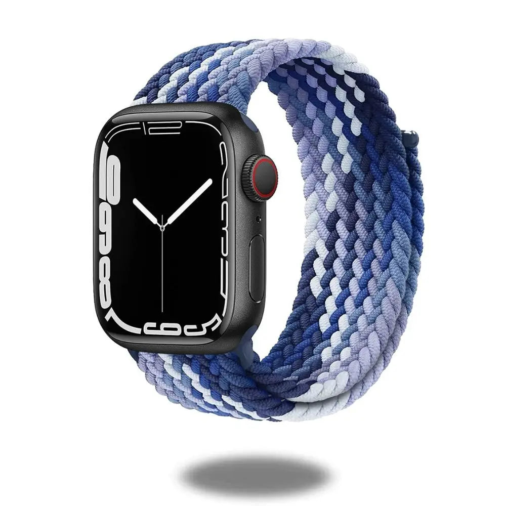 Braided sports band in blue tones, stretchy and adjustable for comfort during exercise, compatible with smartwatches.