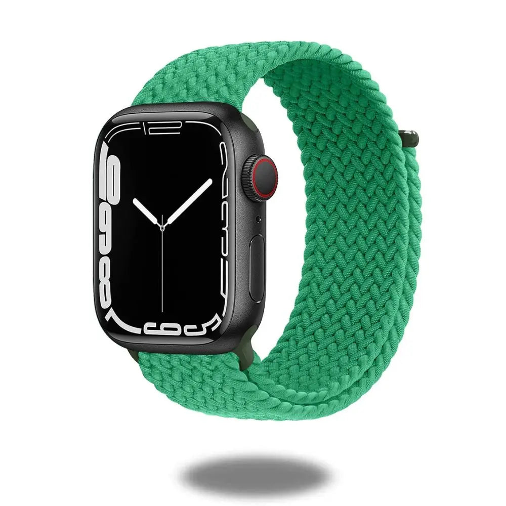 Braided sports band in vibrant green for smartwatch, featuring stretchy, adjustable design, perfect for workouts.