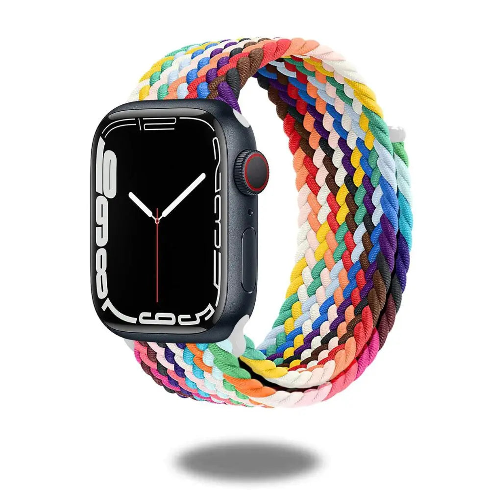 Colorful braided sports band on smartwatch, super stretchy and adjustable for comfort during exercise.
