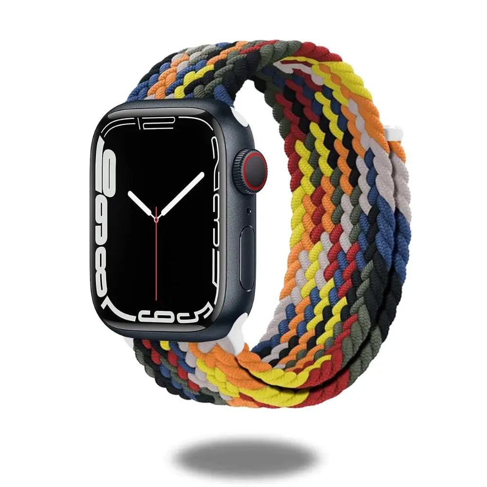 Colorful braided sports band for smartwatches, featuring a super stretchy and adjustable design for comfort.