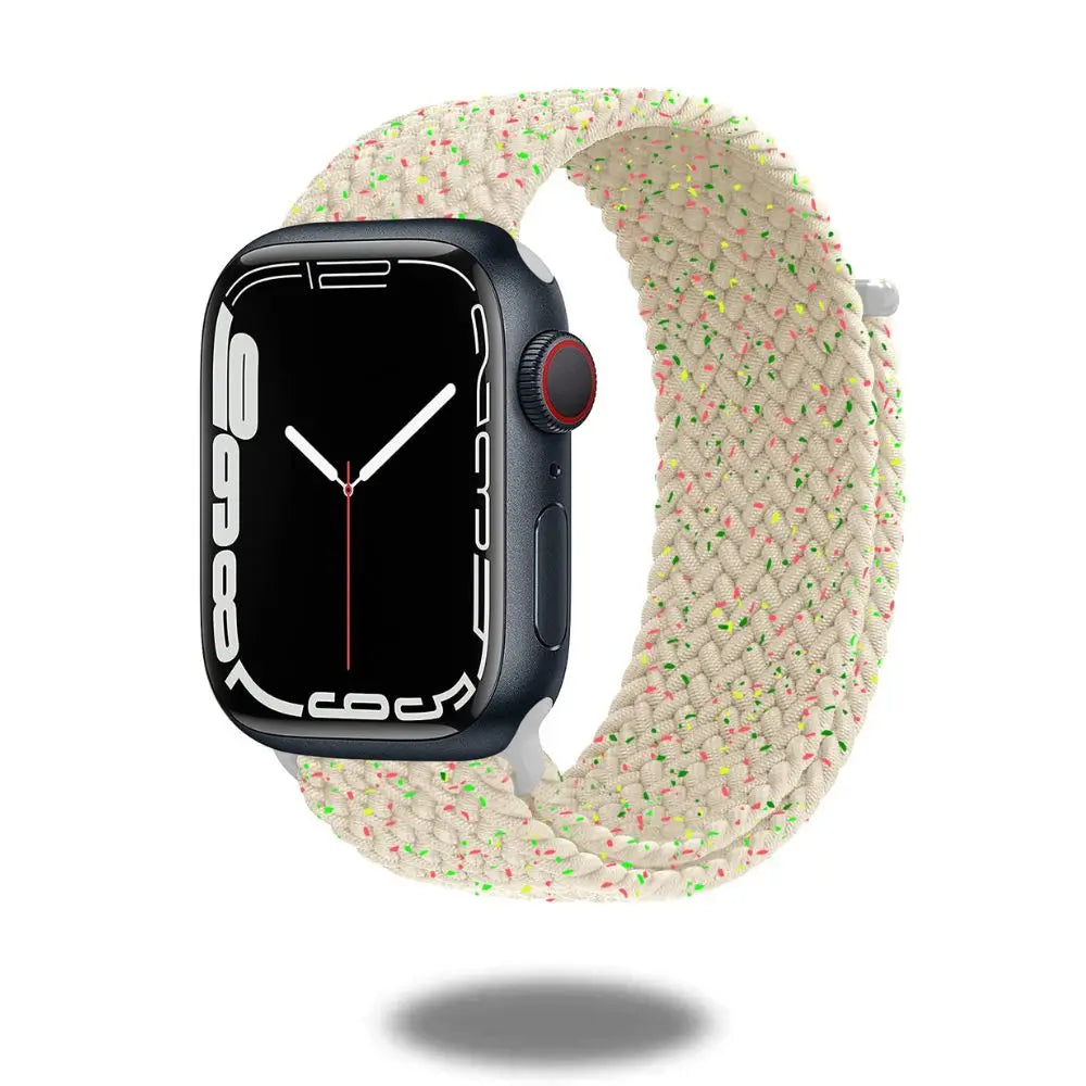 Braided sports band on smartwatch, featuring stretchy, comfortable design, adjustable size, and secure velcro fastener.