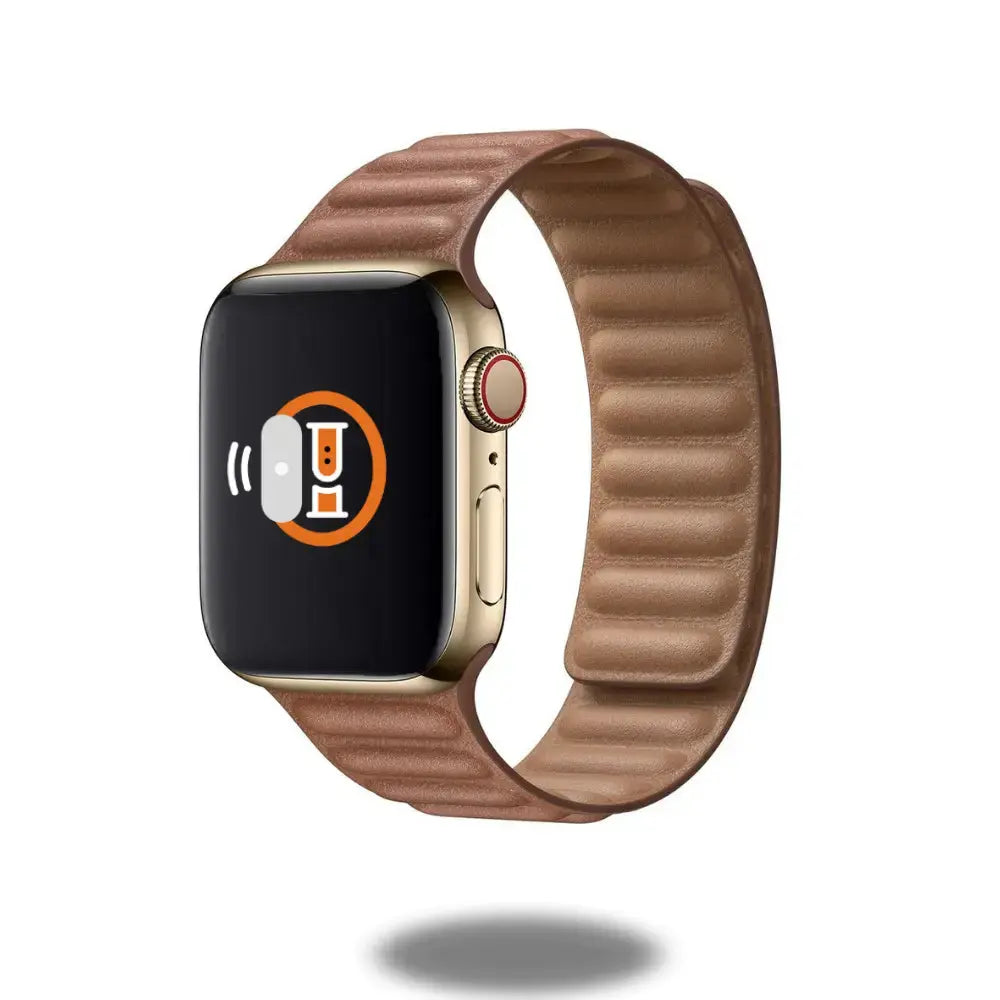 Leather Link Band for Apple Watch in two-tone color, showcasing handcrafted Roux Granada leather and flexible magnets.