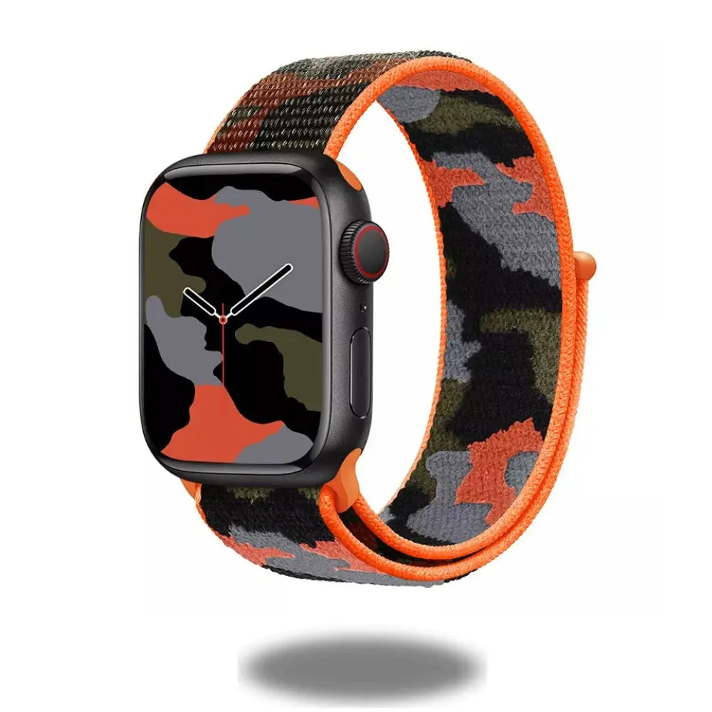Camouflage sports nylon band for Apple Watch, featuring a durable woven design and vibrant colors for an adventurous look.