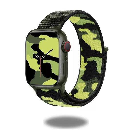 Camouflage sports nylon band for Apple Watch in vibrant green and black pattern, ideal for adventurous workouts.