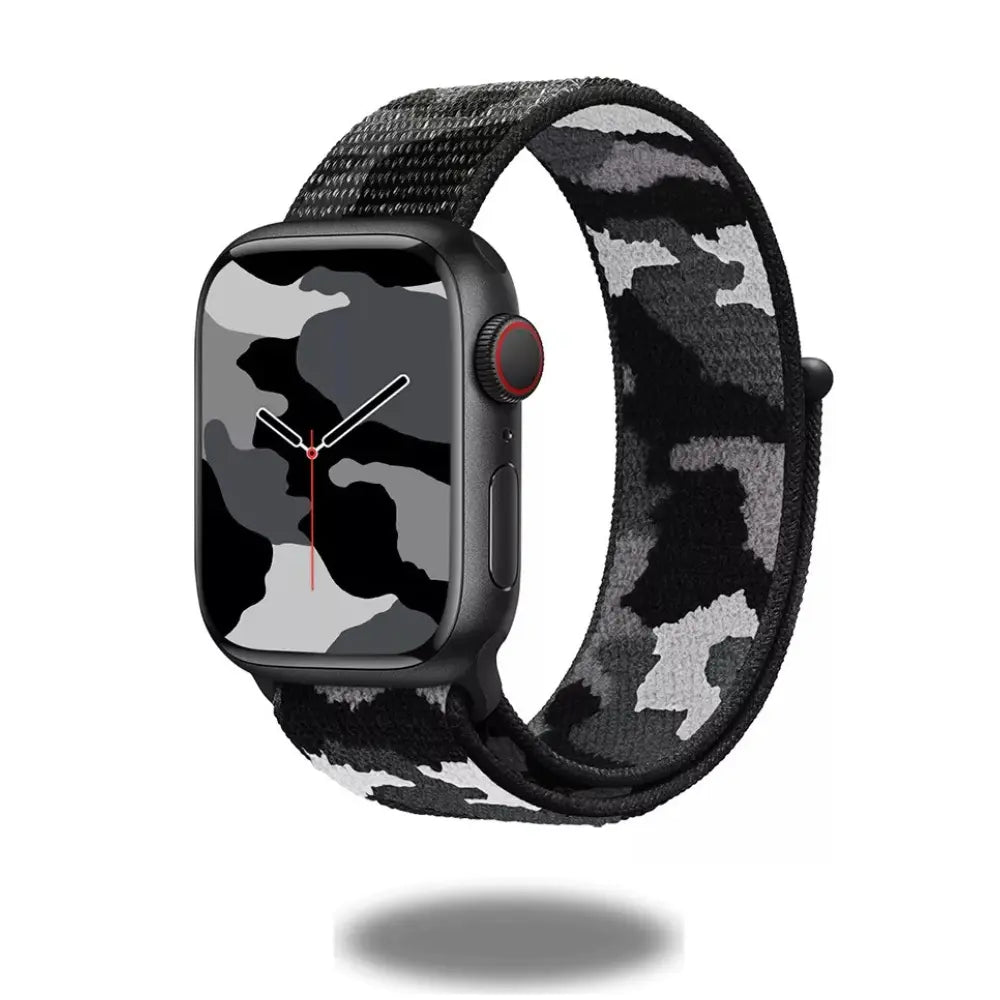 Camouflage sports nylon band for Apple Watch featuring a durable woven design and comfortable fabric-like feel.