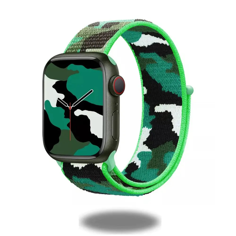 Camouflage sports nylon band for Apple Watch, featuring a colorful woven design and durable fabric-like feel.