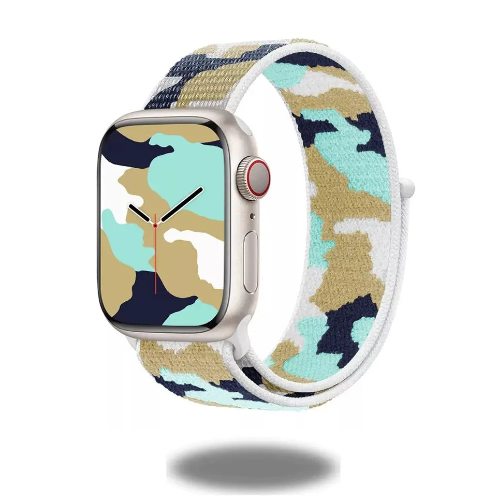 Camouflage sports nylon band for Apple Watch, features colorful woven design, perfect for workouts and casual wear.