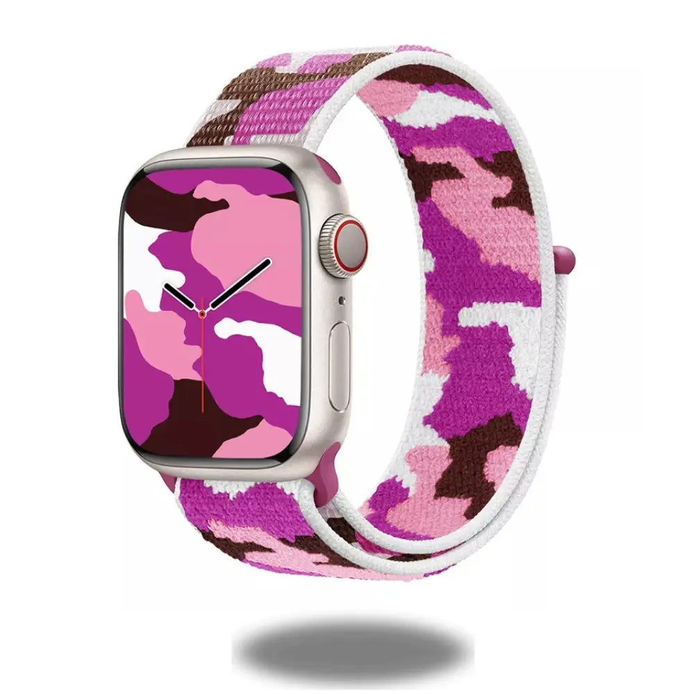 Camouflage sports nylon band for Apple Watch, featuring colorful pink and brown woven design for a stylish, durable look.
