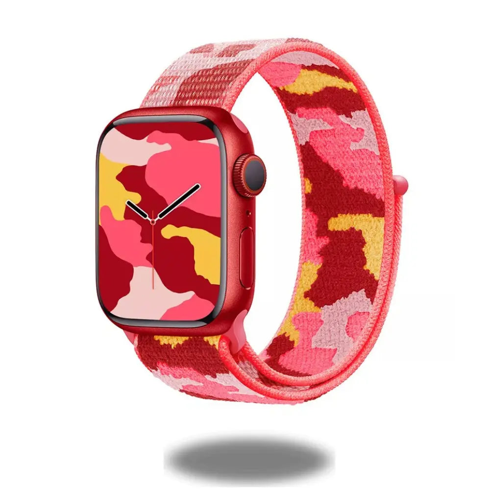 Camouflage sports nylon band for Apple Watch in vibrant pink and yellow pattern, ideal for workouts and casual styles.
