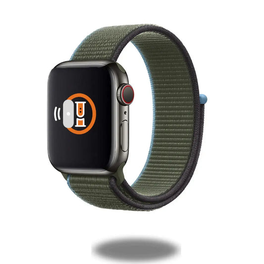 Sport Loop Band for Apple Watch in green, featuring a comfortable woven nylon design for 38mm to 42mm wrist sizes.