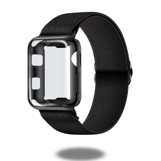 Adjustable elastic band for Apple Watch, sleek black PC case with a durable and breathable design.
