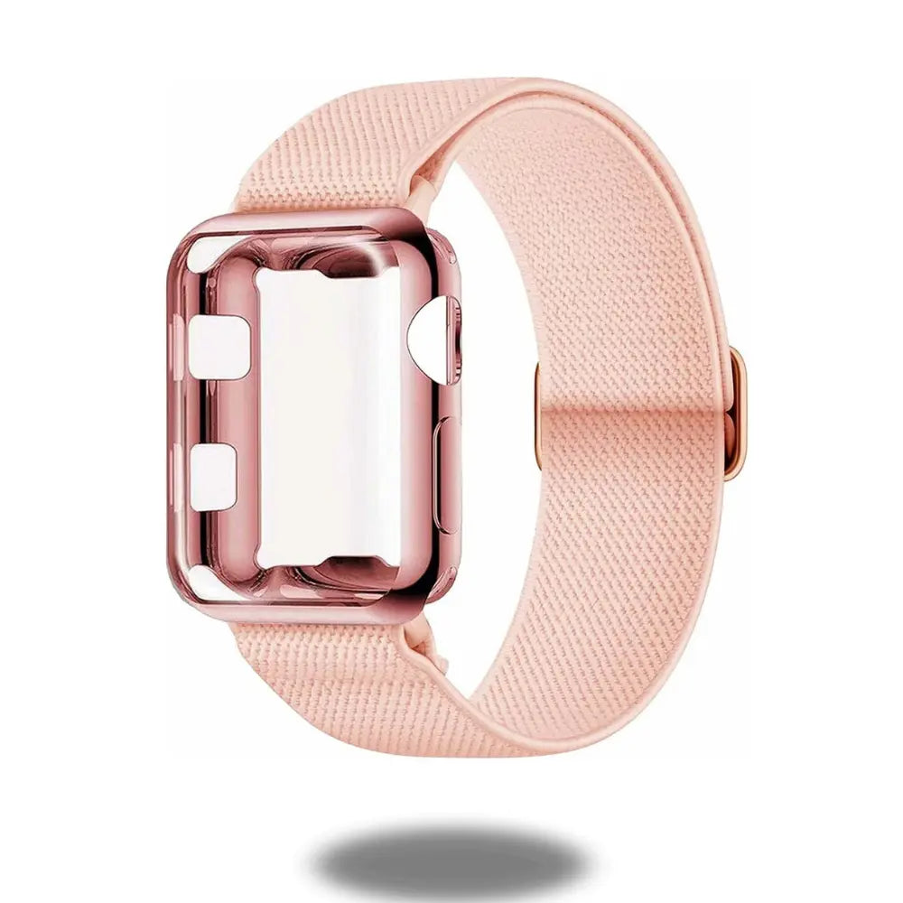 Adjustable elastic band Apple watch bracelet with breathable nylon, skin-friendly, lightweight, and slim stainless steel slider.