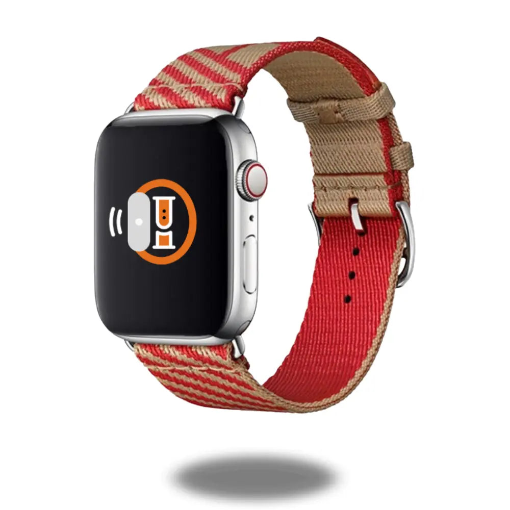 Jumping Single Tour Strap for Apple Watch in vibrant red and beige woven nylon with a stylish, comfortable design.