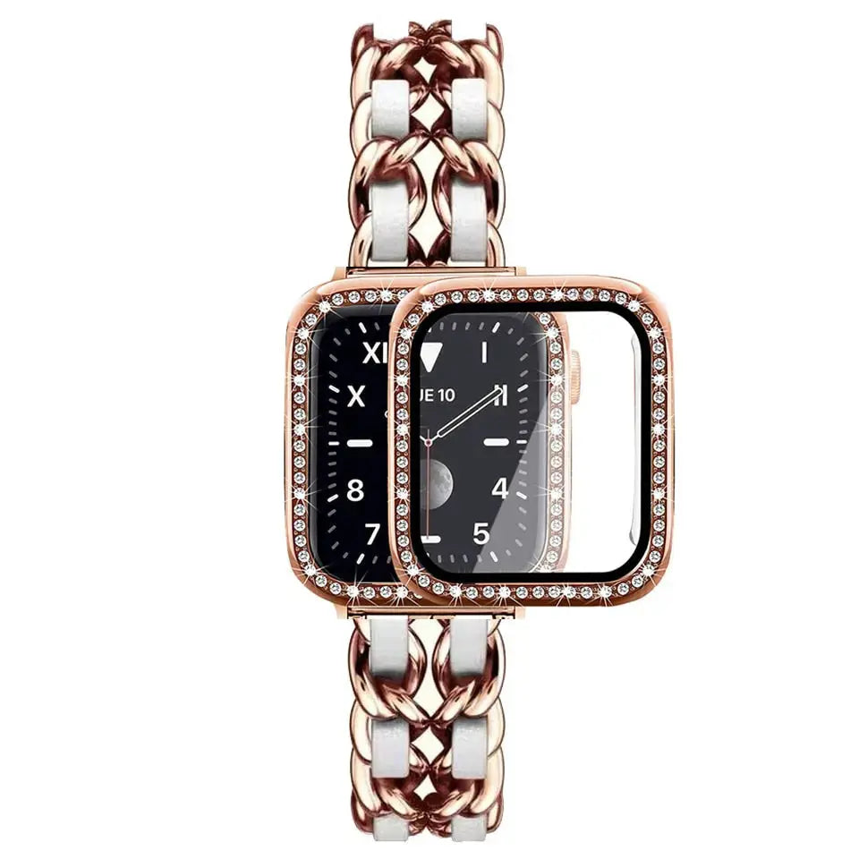 Luxury stainless steel bracelet with rhinestone-adorned case for Apple Watch, featuring chunky chain and leather accents.