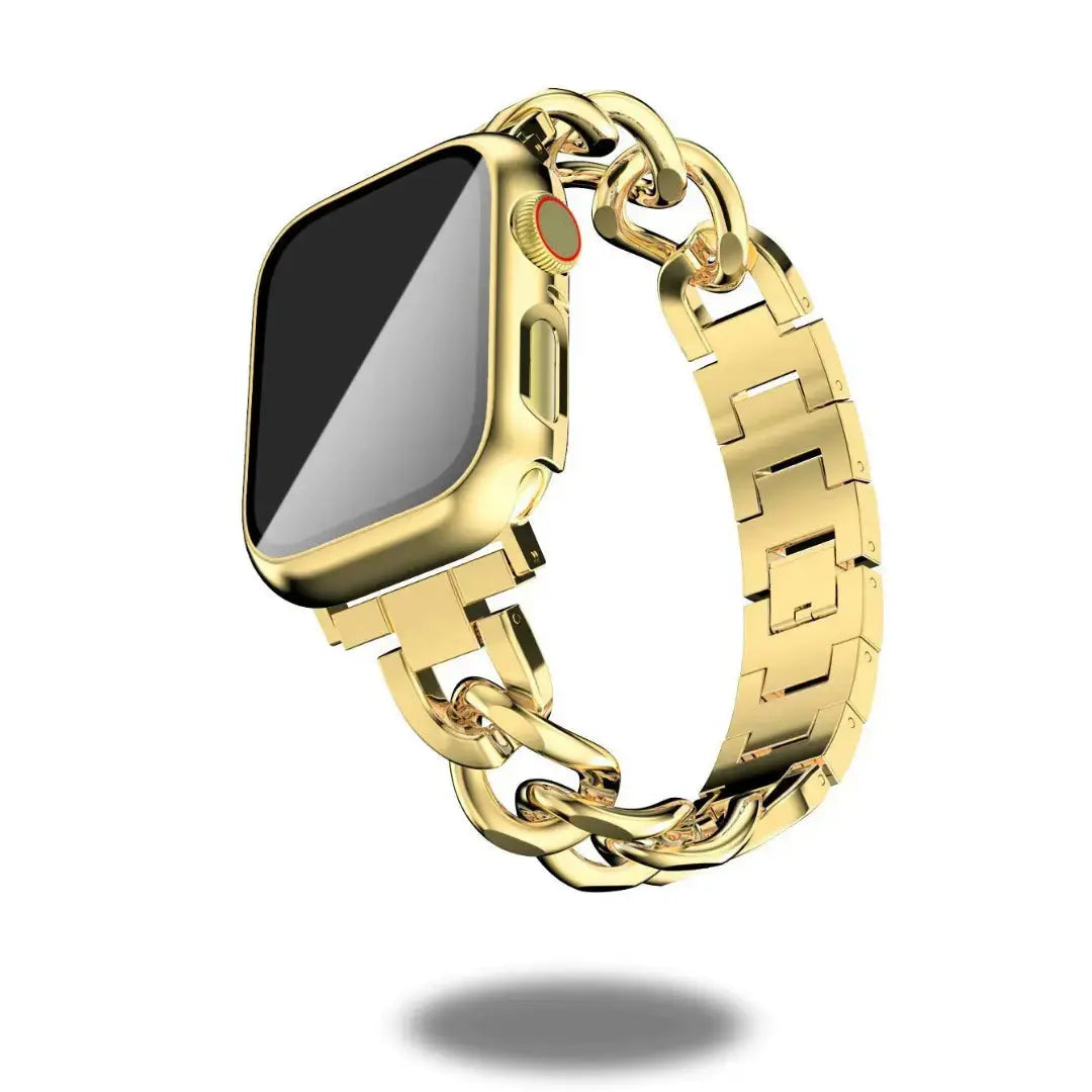 Luxury Cuban bracelet for Apple Watch in gold, featuring a chunky chain design made from premium stainless steel.