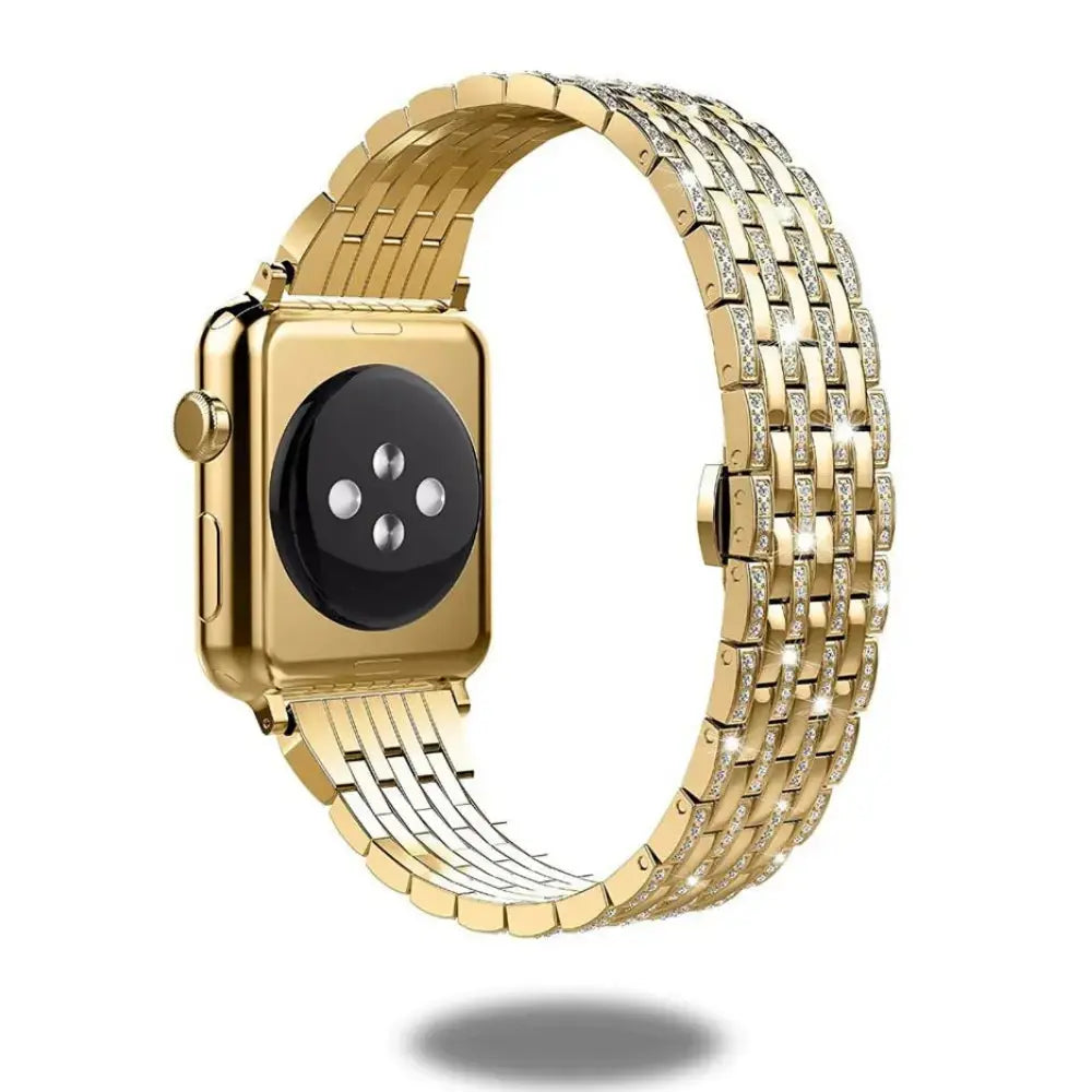 Luxury Jewelry Bracelet for Apple Watch, featuring a gold design with CZ stones, adjustable to fit up to 9 inches.