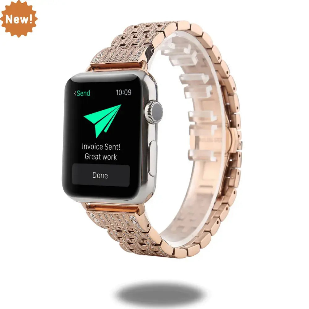 Luxury jewelry bracelet for Apple Watch with CZ VS1 stones, adjustable fit for up to 9 inches wrist.