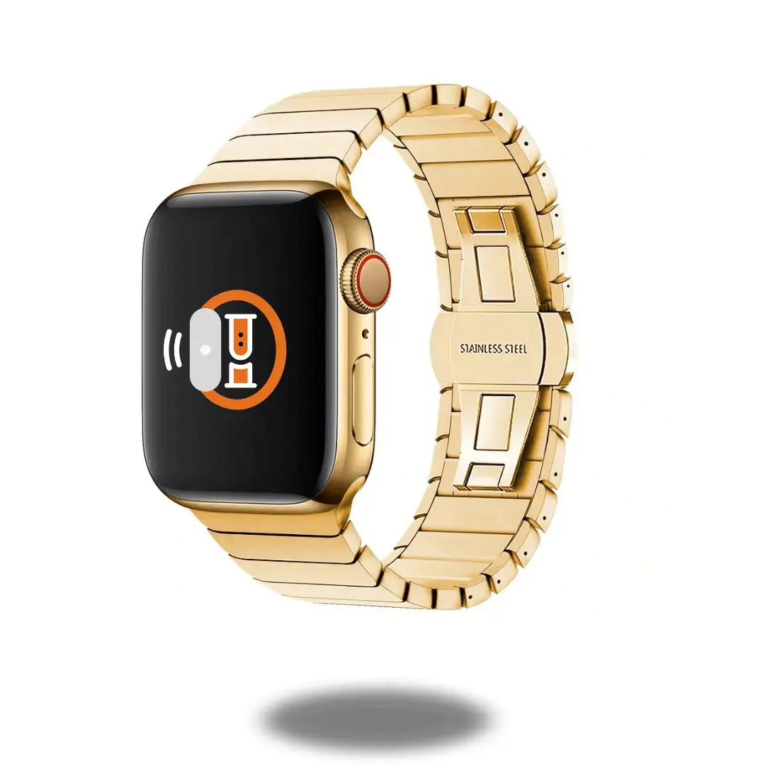 Luxury Link Bracelet for Apple Watch with gold stainless steel design and butterfly clasp, showcasing seamless connection.