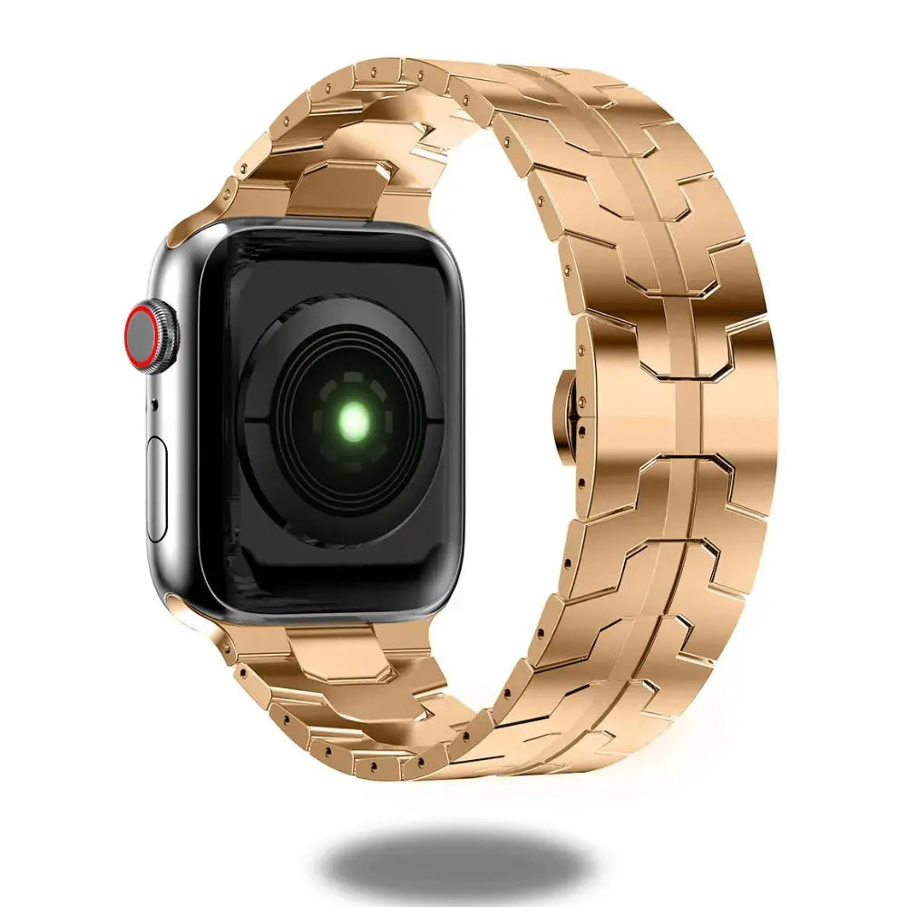 Luxury stainless steel bracelet in gold color showcasing a sleek design, perfect for smartwatches with a strong aesthetic and custom closure.