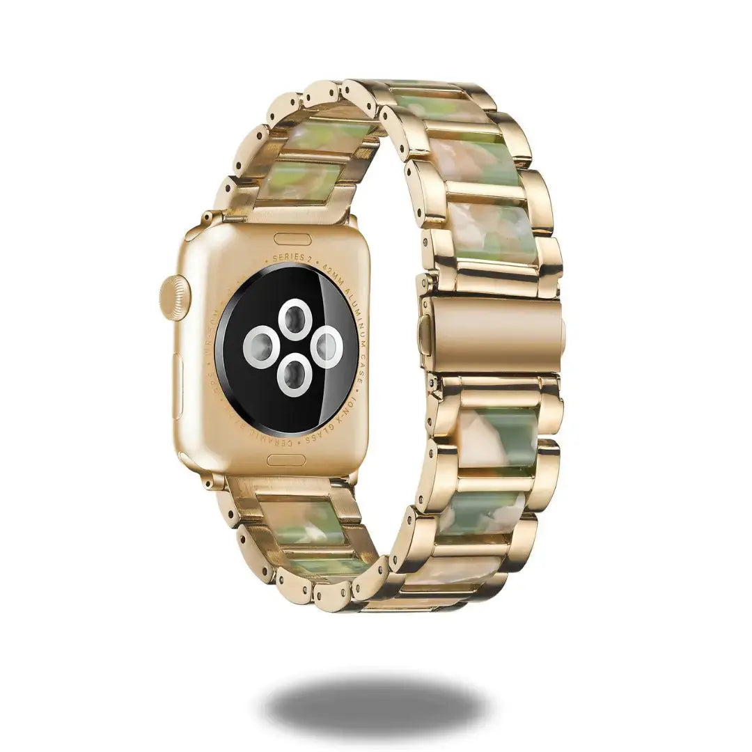 Luxury metal and resin strap for smartwatches, stylish and elegant design with a double button clasp, smooth finish.