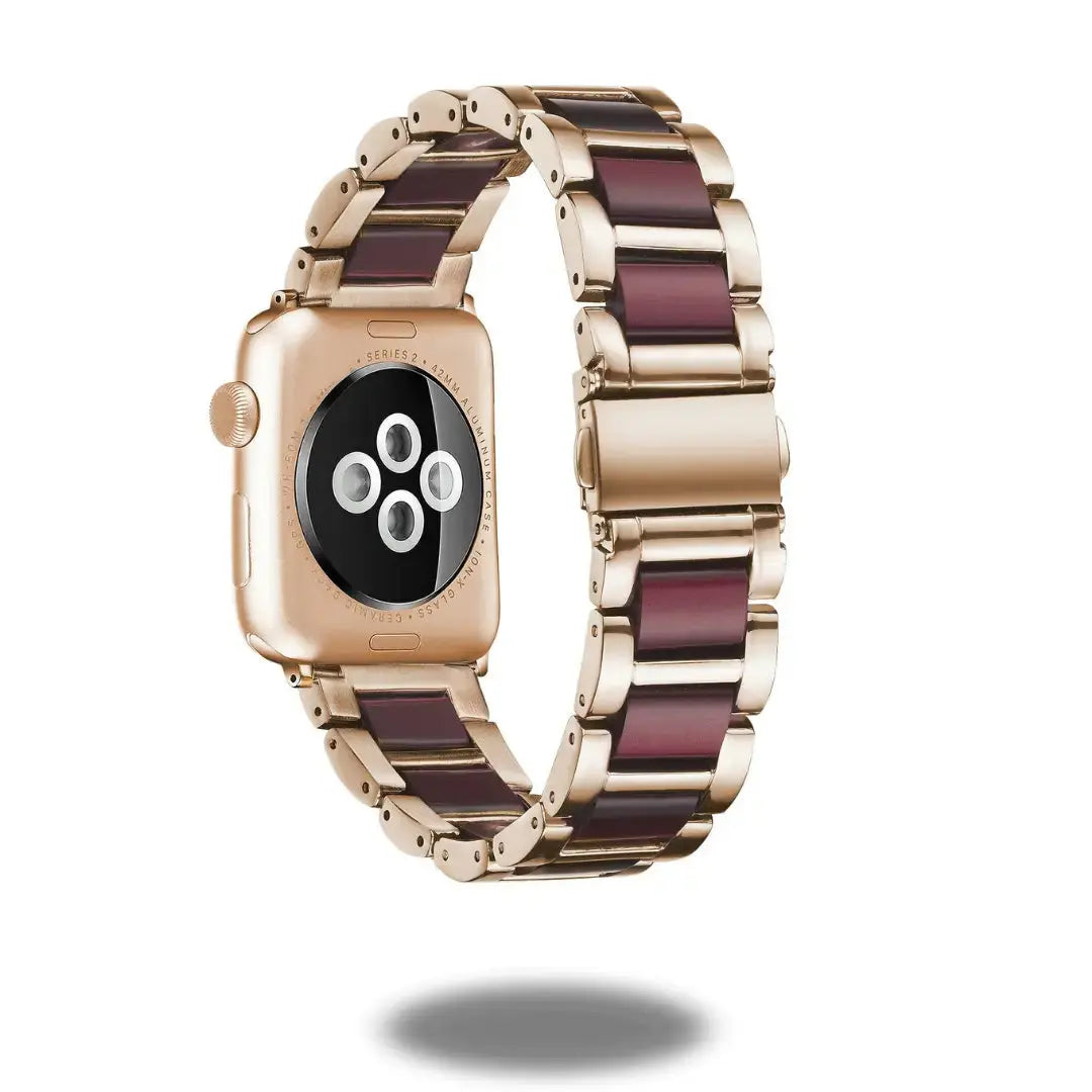 Stylish luxury metal resin strap for smartwatch, featuring a solid stainless steel frame and polished resin links.