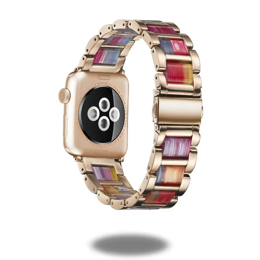 Luxury metal resin strap watch with colorful polished resin links and stainless steel frame, stylish and elegant design.