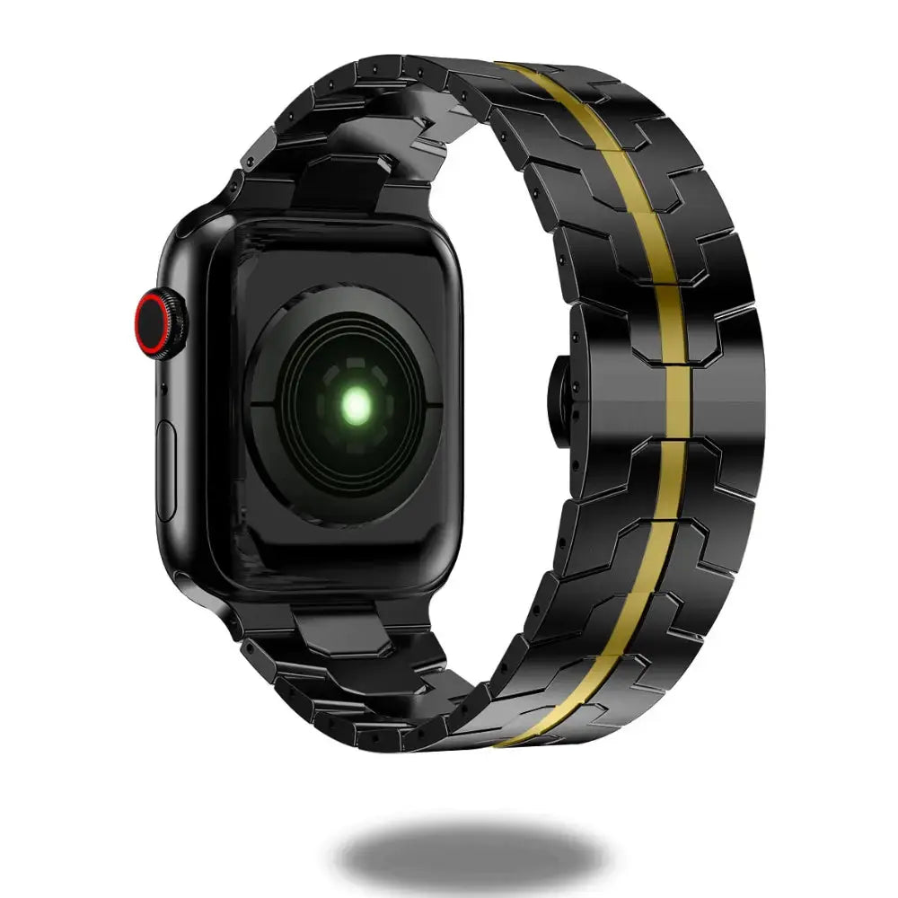 Luxury stainless steel bracelet for smartwatches, featuring a sleek design with gold accents and easy deployment buckle.