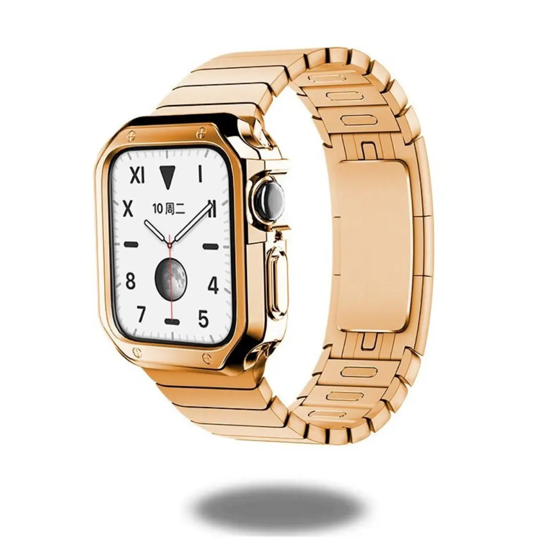 Luxury link bracelet for Apple Watch Ultra and Series 1-10 in rose gold finish, showcasing compatibility and style.