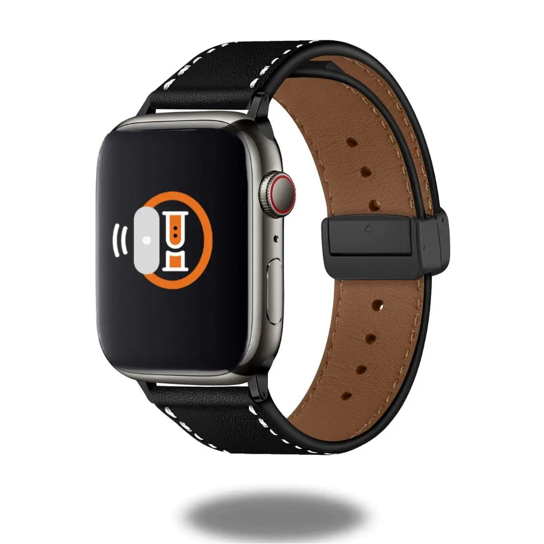 Magnetic clasp classic leather bracelet for Apple Watch, showcasing a stylish design and secure fastening.