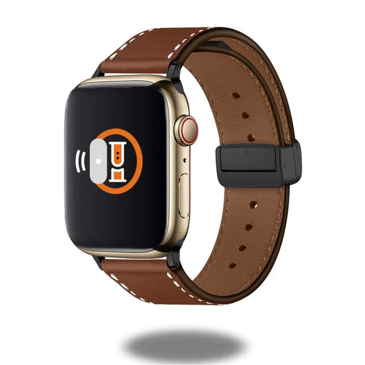 Stylish magnetic clasp classic leather bracelet for Apple Watch, featuring brown leather with white stitching and a secure magnetic closure.