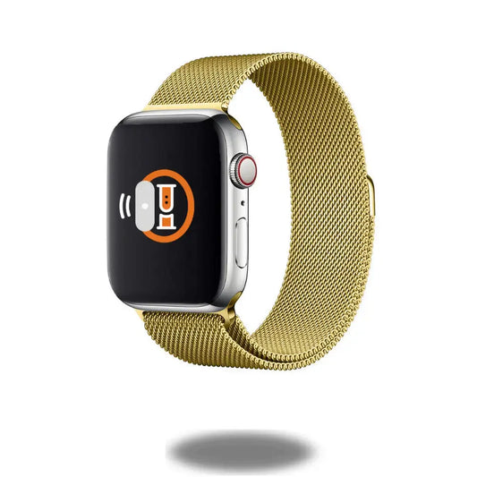 Modern metal mesh loop watch band in gold color, featuring adjustable magnetic design for a perfect fit.