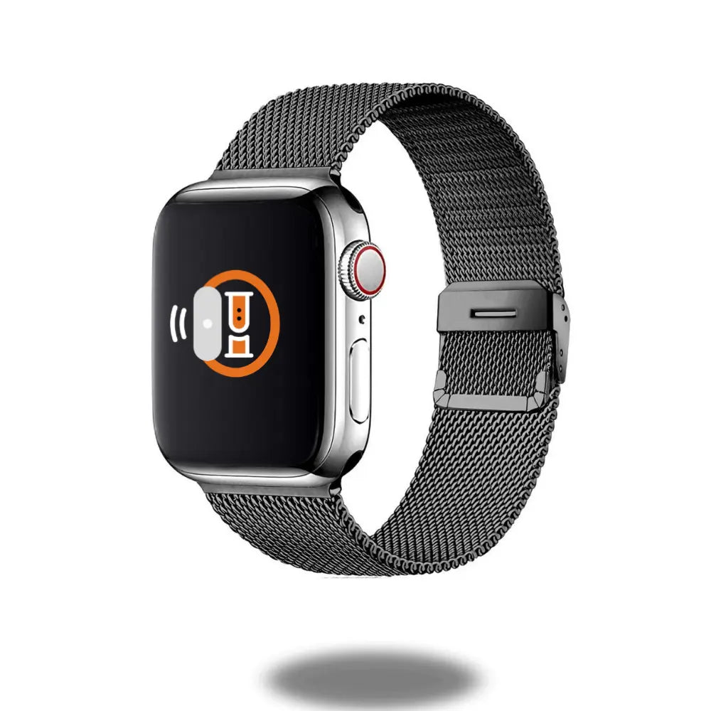 Milanese strap with secure clasp for Apple Watch, adjustable stainless steel mesh wristband.
