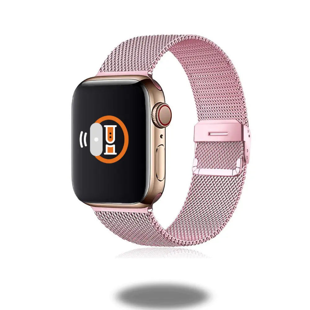 Stylish Milanese strap for Apple Watch in pink with secure clasp and adjustable design.