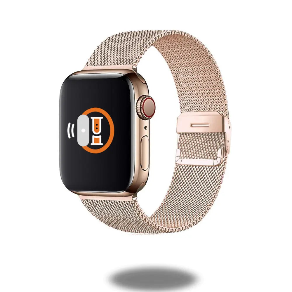 Stylish Milanese strap with secure clasp for Apple Watch, showcasing premium stainless steel design and adjustable fit.
