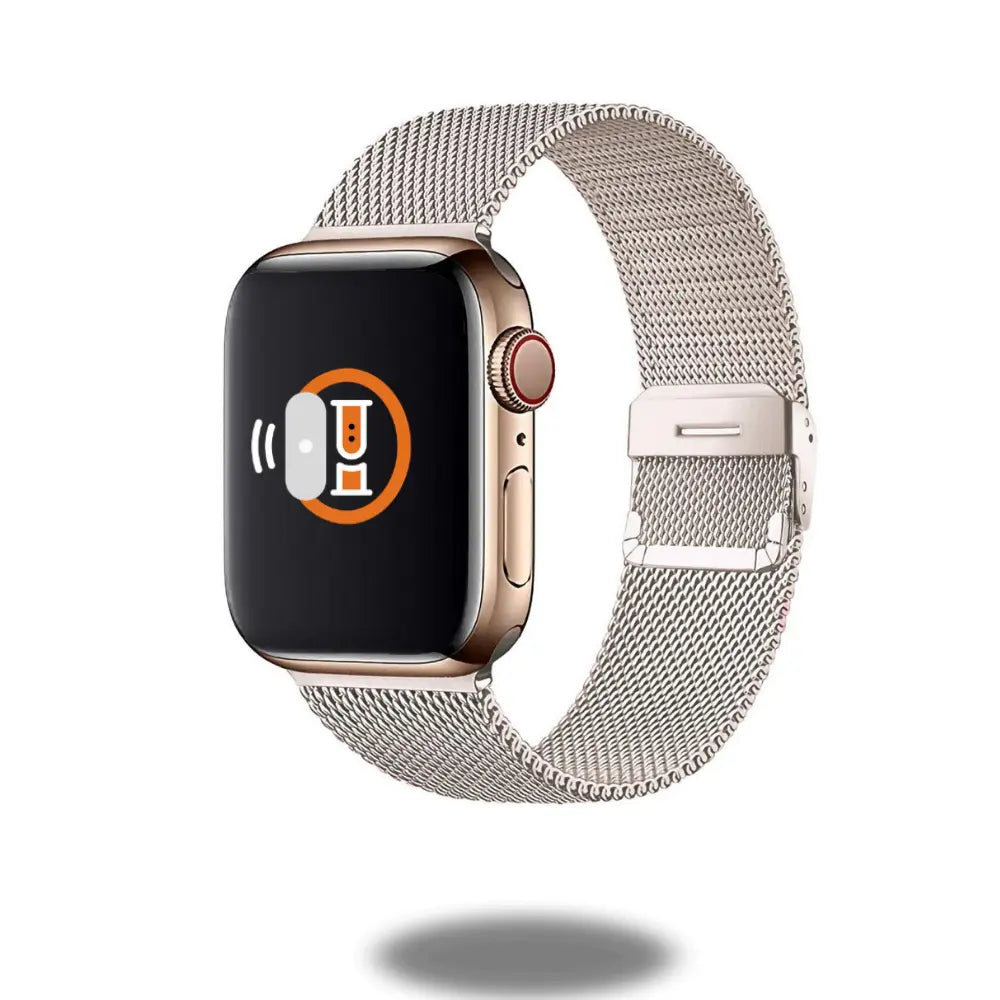 Apple Watch with Milanese strap and secure clasp, showcasing a stylish mesh design for adjustable fit.
