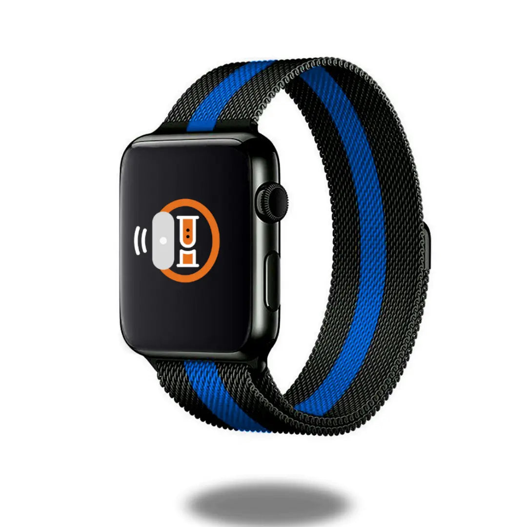 Metal Mesh Loop with blue stripes, showcasing modern stainless steel design for stylish wrist comfort.