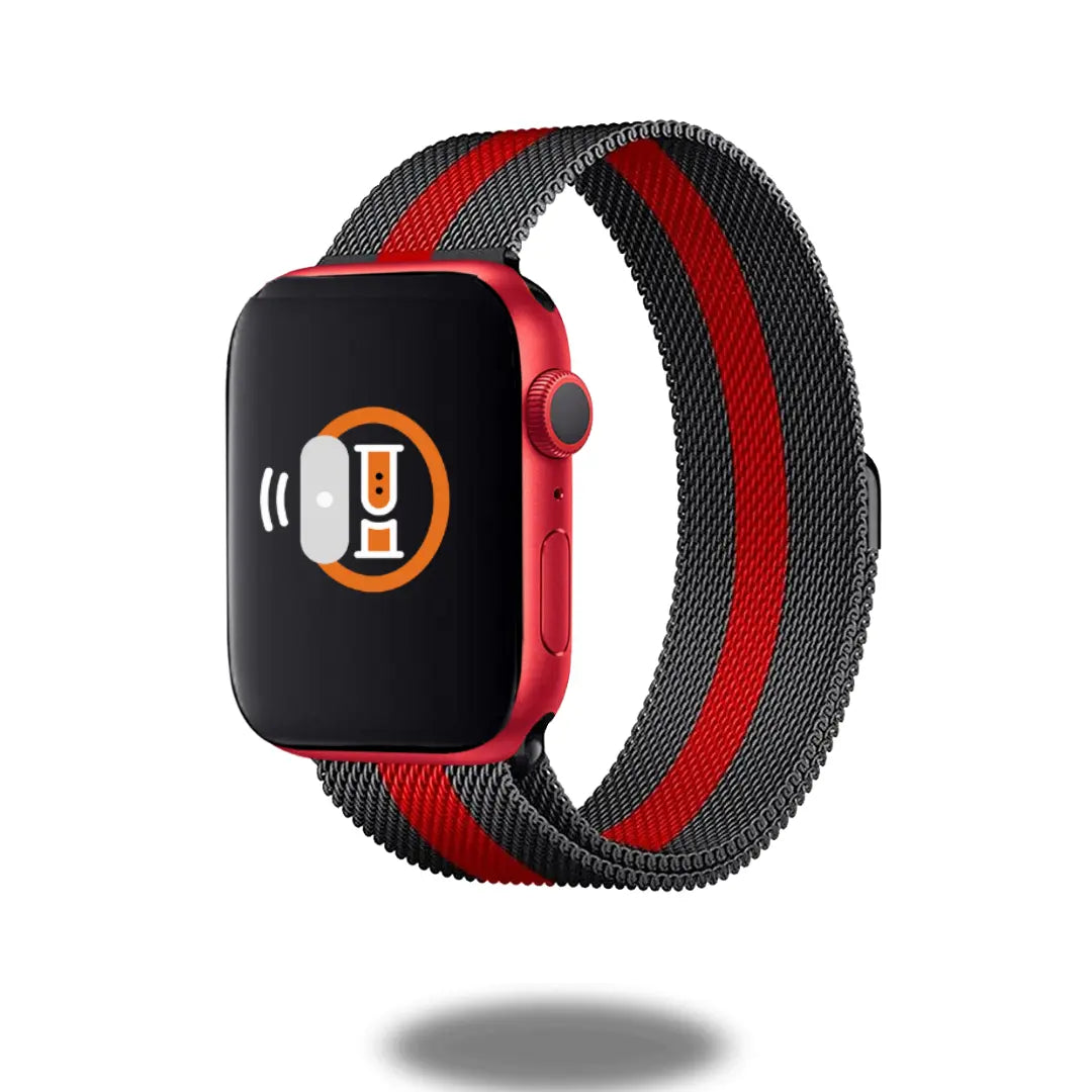 Modern black and red metal mesh loop watch band, adjustable design for a perfect fit, showcasing ergonomic Italian craftsmanship.