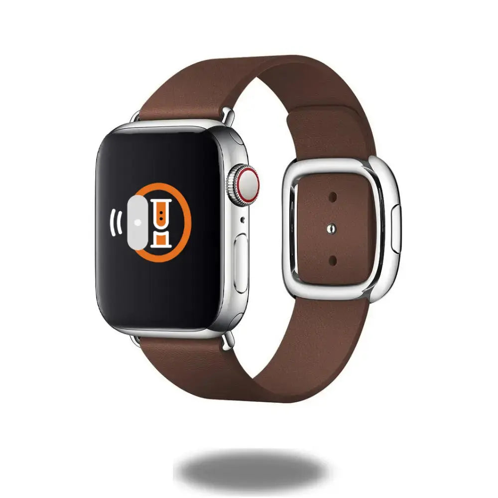 Modern Buckle Band in brown top-grain leather for Apple Watch, featuring a stylish magnetic closure and unibody design.