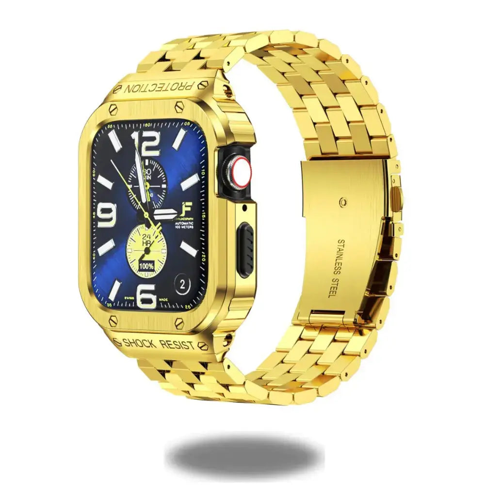 Modern gold stainless steel watch case and strap with shock-resistant features and precise fit for iWatch.
