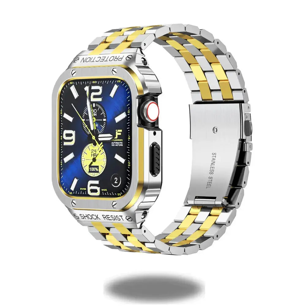 Modern stainless steel iWatch case and strap, shock-resistant design with golden accents and secure connector.