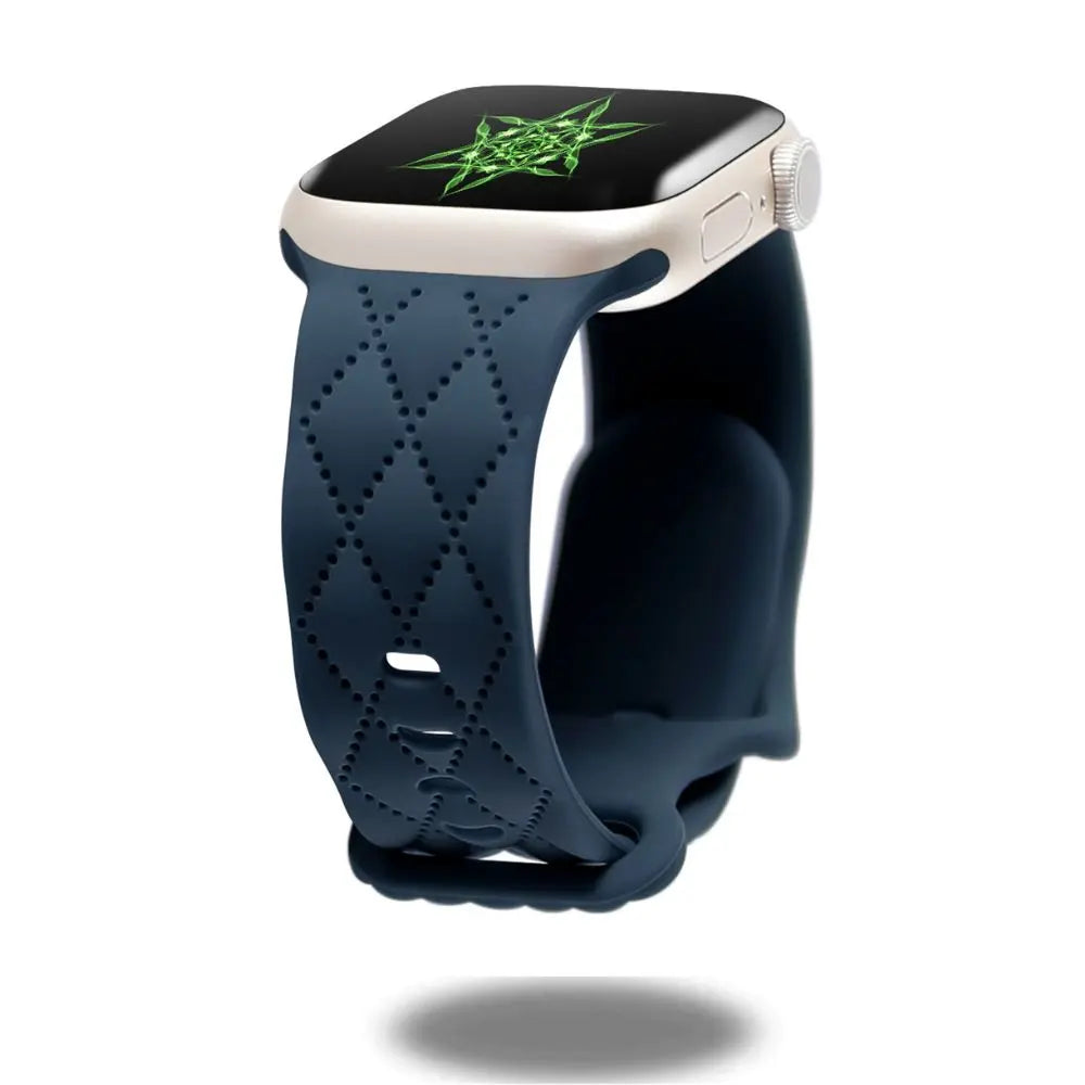 Modern silicon sports band in navy blue on Apple Watch, showcasing stylish double clasp design for an active lifestyle.