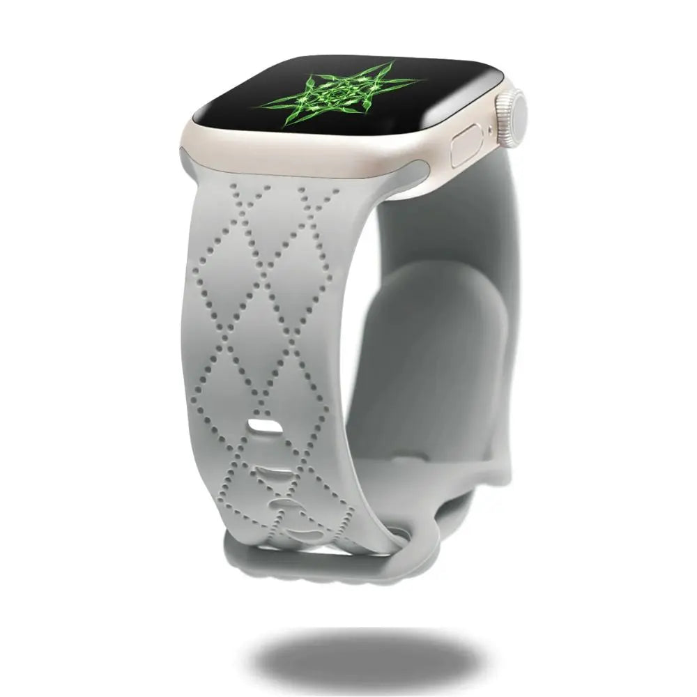 Modern silicon sports band for Apple Watch in gray with dual clasp design, stylish and durable.