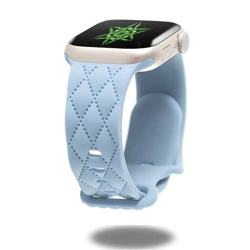 Light blue modern silicon sports band for Apple Watch with dual clasp design, showcasing style and comfort.