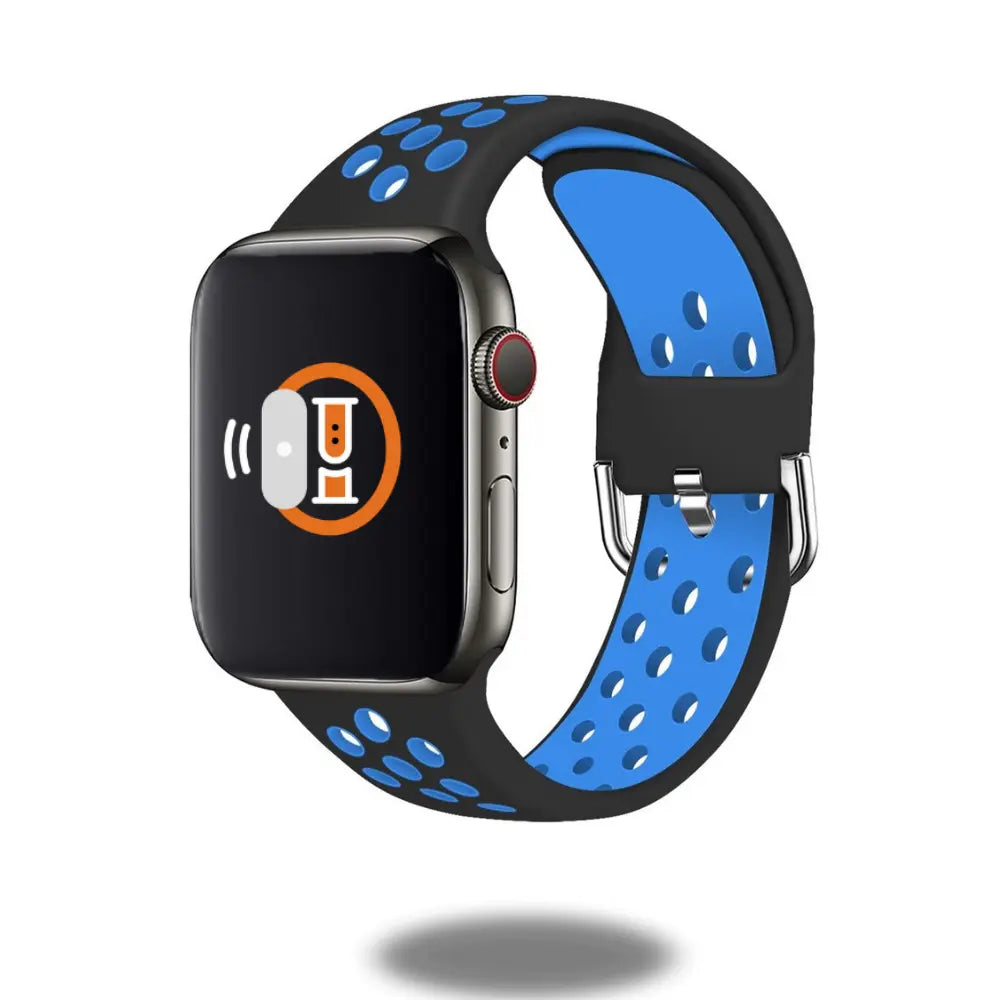 Silicone sport band with metal buckle for smartwatch, featuring breathable design in black and blue, ideal for outdoor activities.