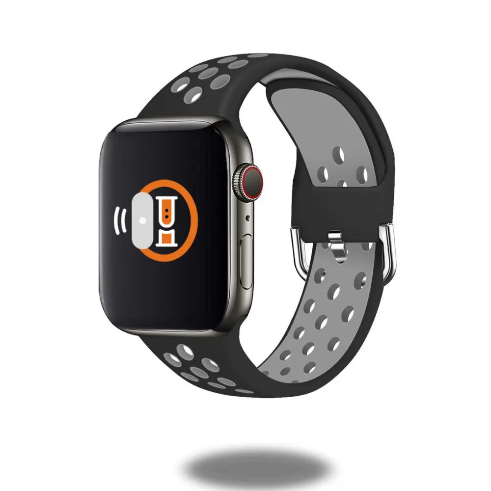 Black silicone sport band with metal buckle for smartwatches, ideal for outdoor activities and waterproof use.