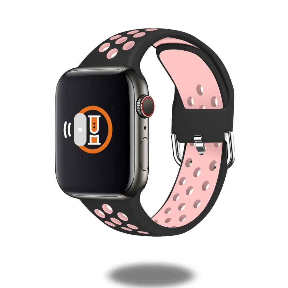 Silicone sport band with metal buckle for smartwatch, featuring a breathable design ideal for sports and outdoor activities.