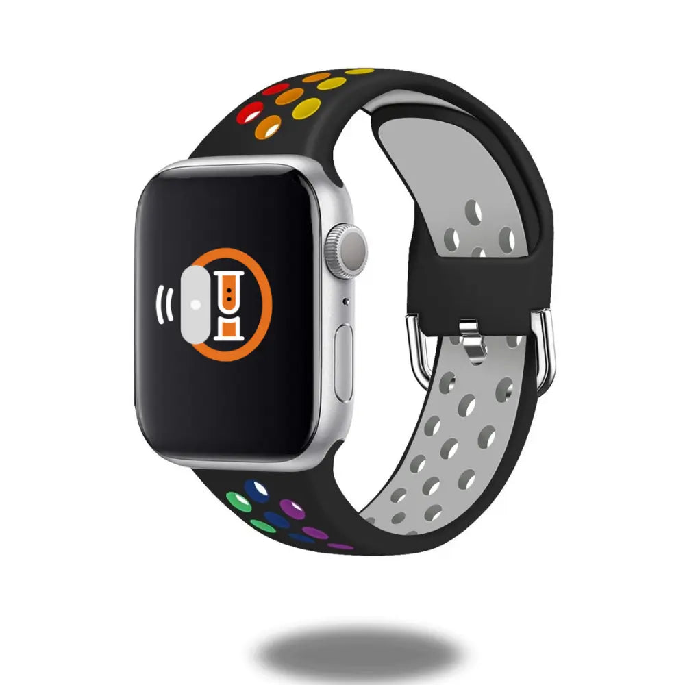 Silicone sport band with metal buckle designed for outdoor activities, featuring a colorful dotted pattern and a sleek watch display.