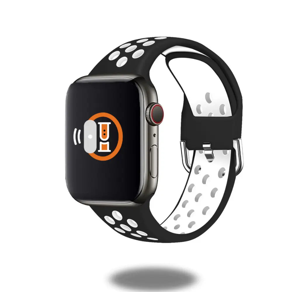 Silicone sport band with metal buckle on smartwatch, designed for outdoor activities and comfortable wear.