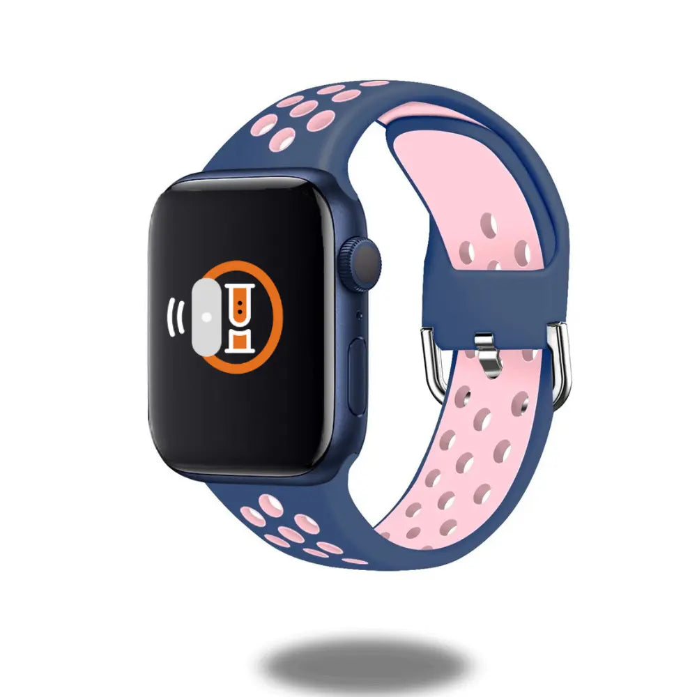 Silicone sport band with metal buckle, designed for outdoor sports, waterproof, dustless, and comfortable on wrist.